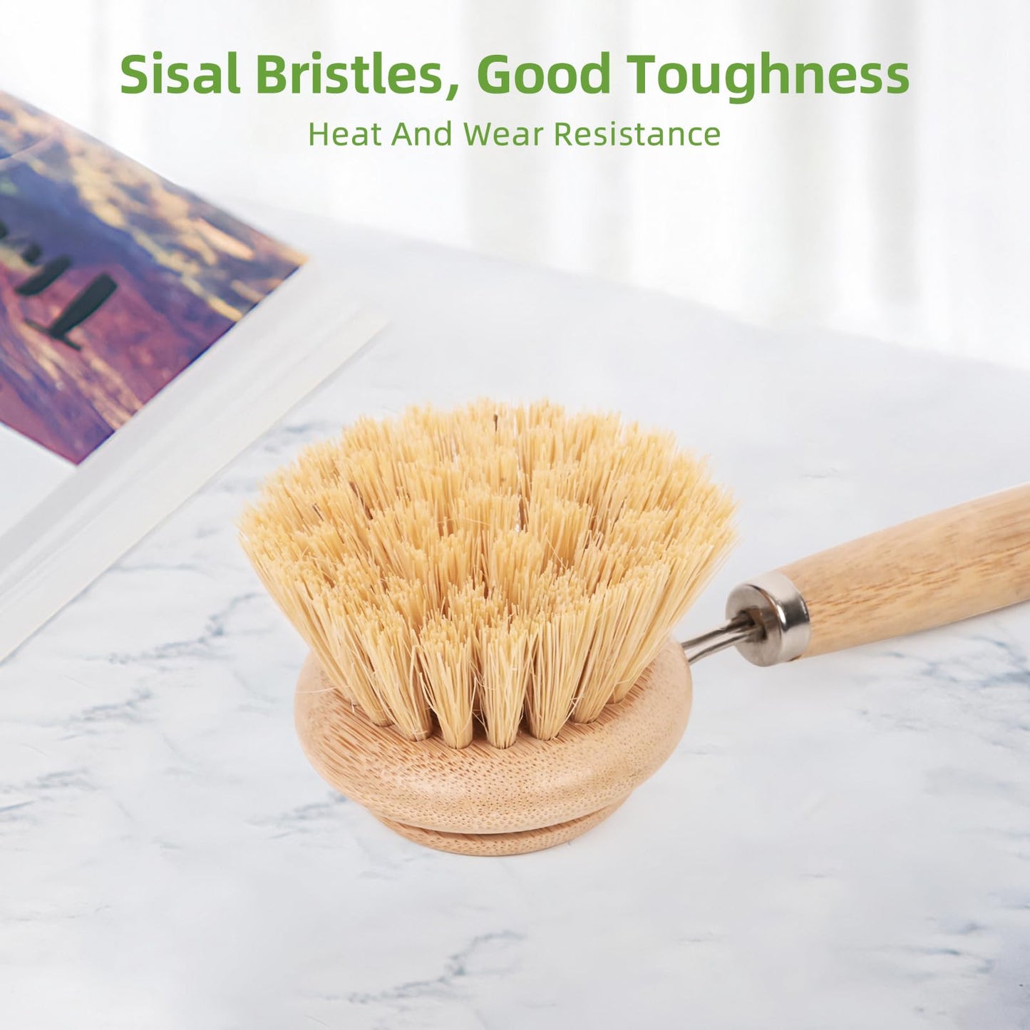 Bamboo Scrub Brush 3 Pcs Replacement Head, Natural Soft Kitchen Dish Brush with Handle Sisal Plant Veggie Brush Multi-Purpose Dish Scrubber Brush Special Kitchen Utensils