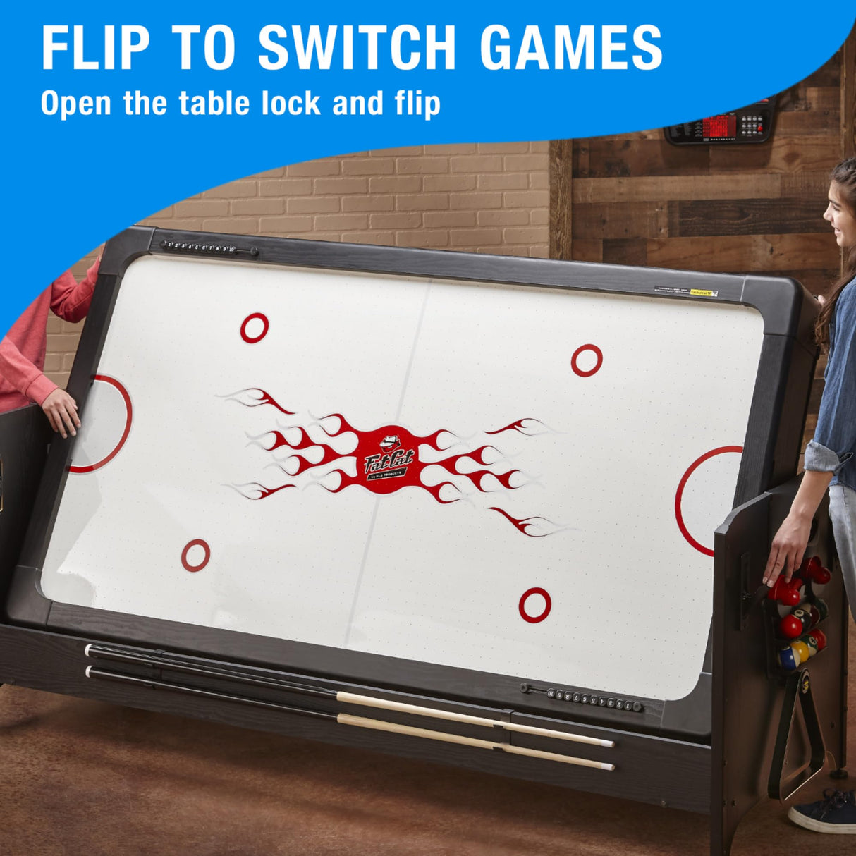 Fat Cat Original 3-in-1 Green 7' Pockey Multi-Game Table - Air Hockey, Billiards and Table Tennis - Blue Fat Cat