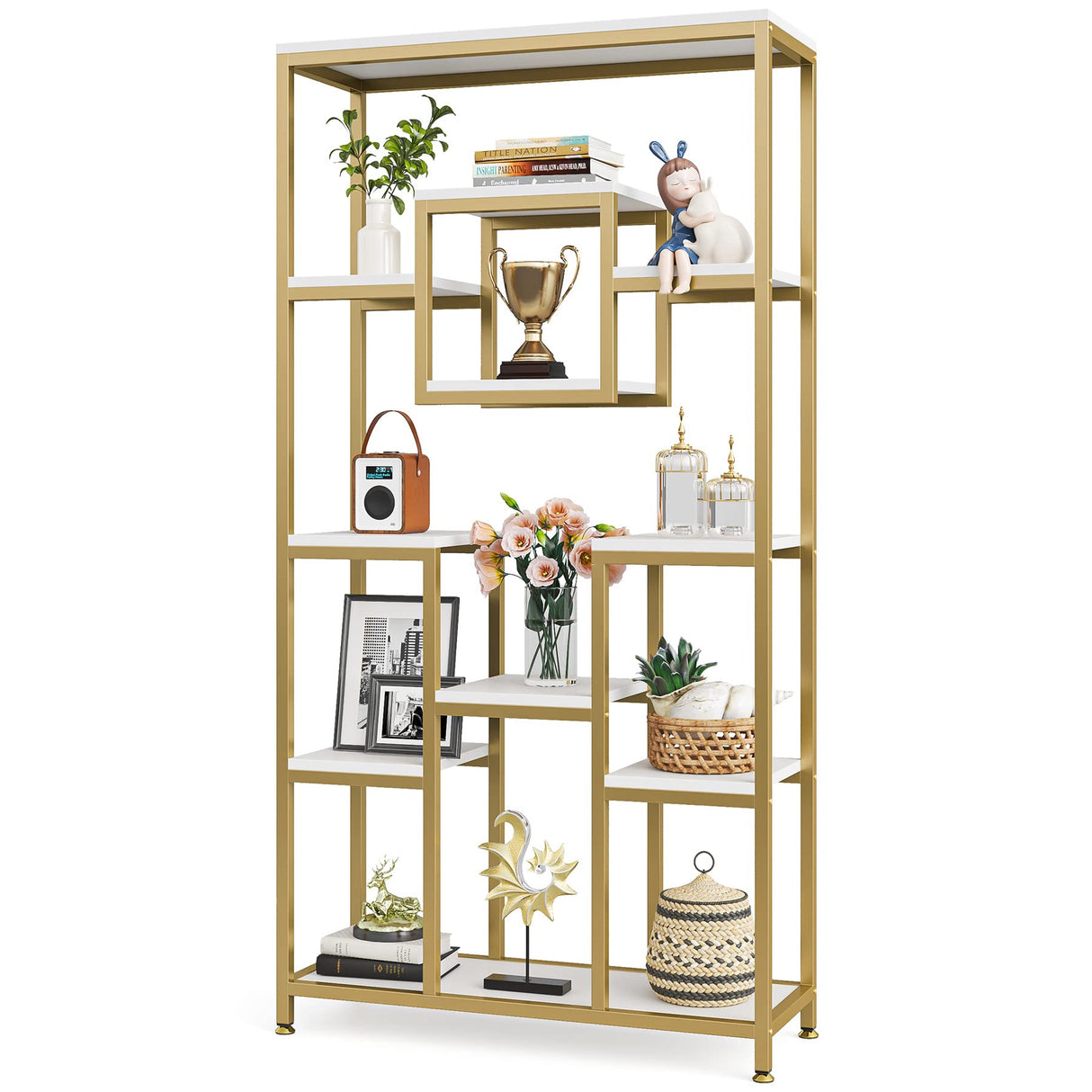 Tribesigns 71" Gold and White Modern 11-Tier Etagere Bookshelf for Elegant Storage and Display Tribesigns
