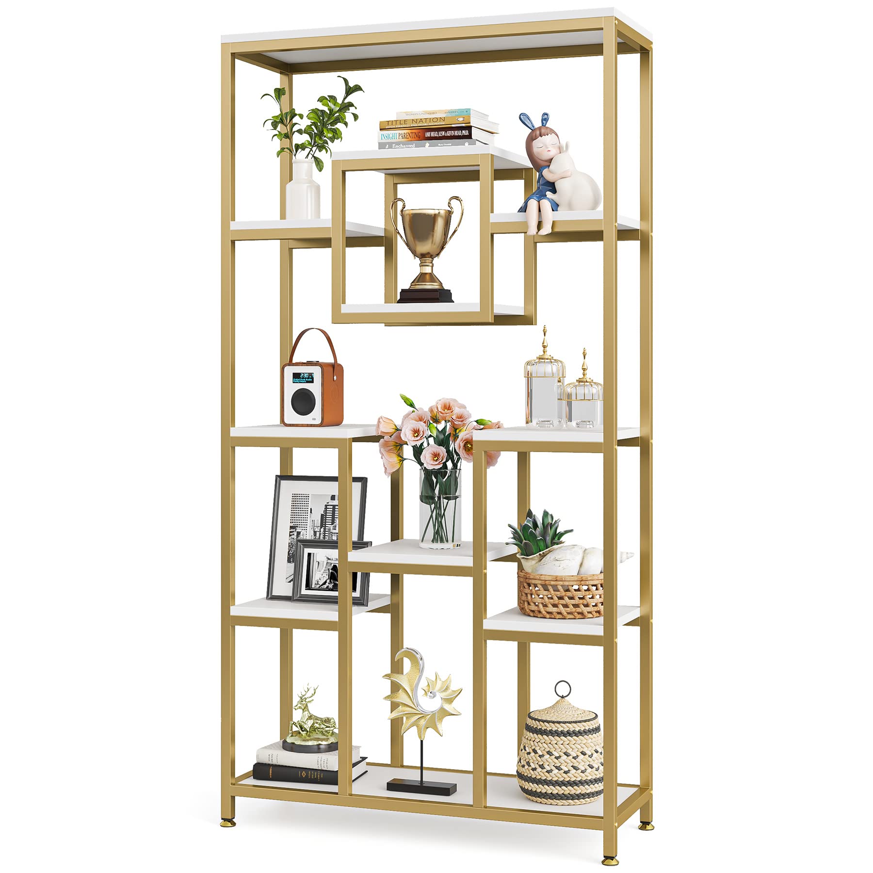 Tribesigns 71" Gold and White Modern 11-Tier Etagere Bookshelf for Elegant Storage and Display - WoodArtSupply