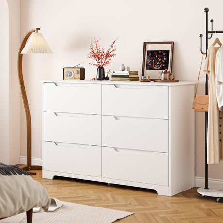 Gizoon 6 Drawer Double Dresser for Bedroom with Anti-Tip Design, Modern Wide Wooden Chest of Drawers with Cut-Out Handles, Closet Storage Organizer and TV Stand for Living Room, Hallway, Entryway Gizoon
