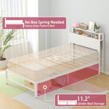 Weehom Twin Bed Frames for Kids, Twin Size Bed with 2 Tiers Wood Shelves Headboard No Box Spring Needed Easy Assembly Heavy Duty Metal Plaform, White Weehom