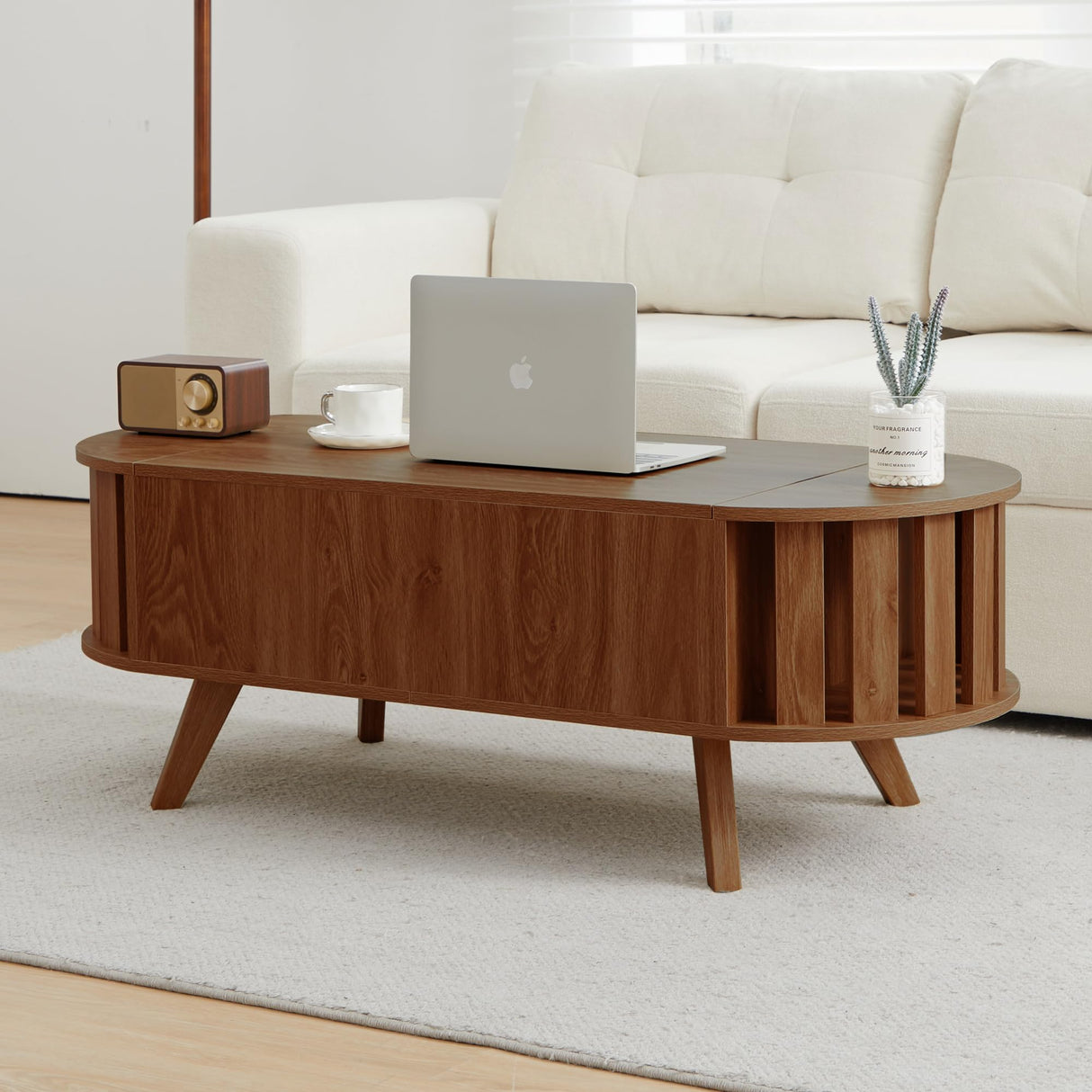 FurSch Wood Lift Top Coffee Table with Hidden Storage, 47.24" Oval Lift Table Top Curved Profile Design Conversation Table for Living Room, Office (Walnut) FurSch