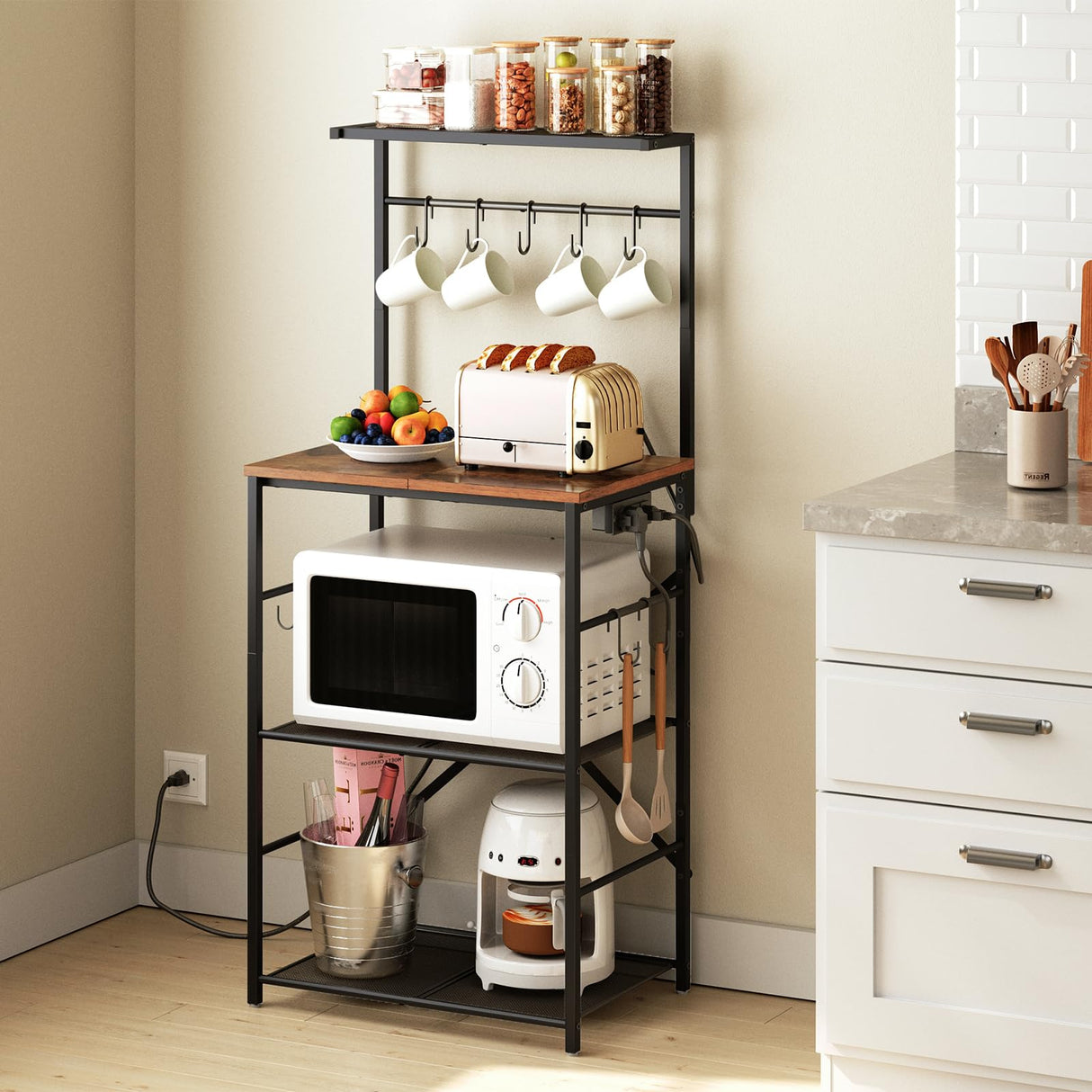 HOOBRO Kitchen Bakers Rack with Power Outlet, 4 Tiers Microwave Oven Stand with Storage, Coffee Bar Table with 9 S-shaped Hooks, Kitchen Storage Shelf Rack, Rustic Brown and Black BF58UHB01 HOOBRO
