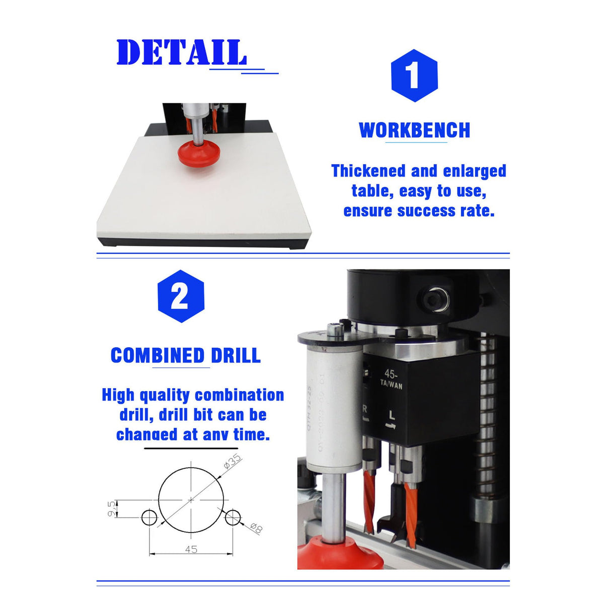 BREVELTION 110V Pneumatic Hinge Boring Insertion Machine Single Head Portable Electric Hinge Drill for Drilling Processing of Cabinets Wardrobes 45-9.5 Combined Drill 1.1KW BREVELTION