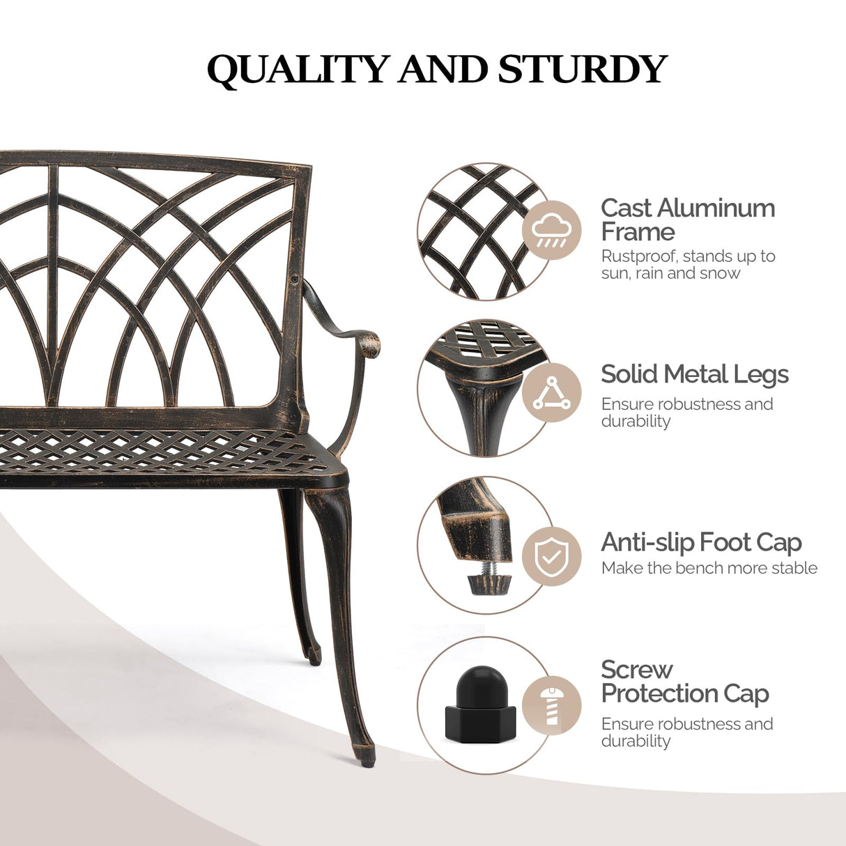 VINGLI 38" Outdoor Bench Cast Aluminium Garden Bench, Orchid Porch Bench Patio Bench Deck Furniture for 1-2 Person Seat (Brown) VINGLI