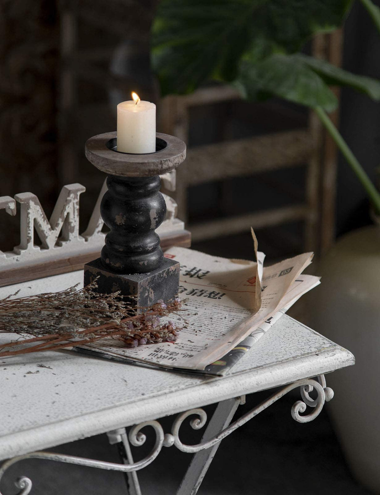 Wooden Black Candle Holder, Decorative Candle Holders for Table, Rustic Pillar Candle Holder, Table Centerpieces for Dining Room, Shabby Chic Candlestick, Home Decor (3.9" x 3.9" x 7.1") SOFE