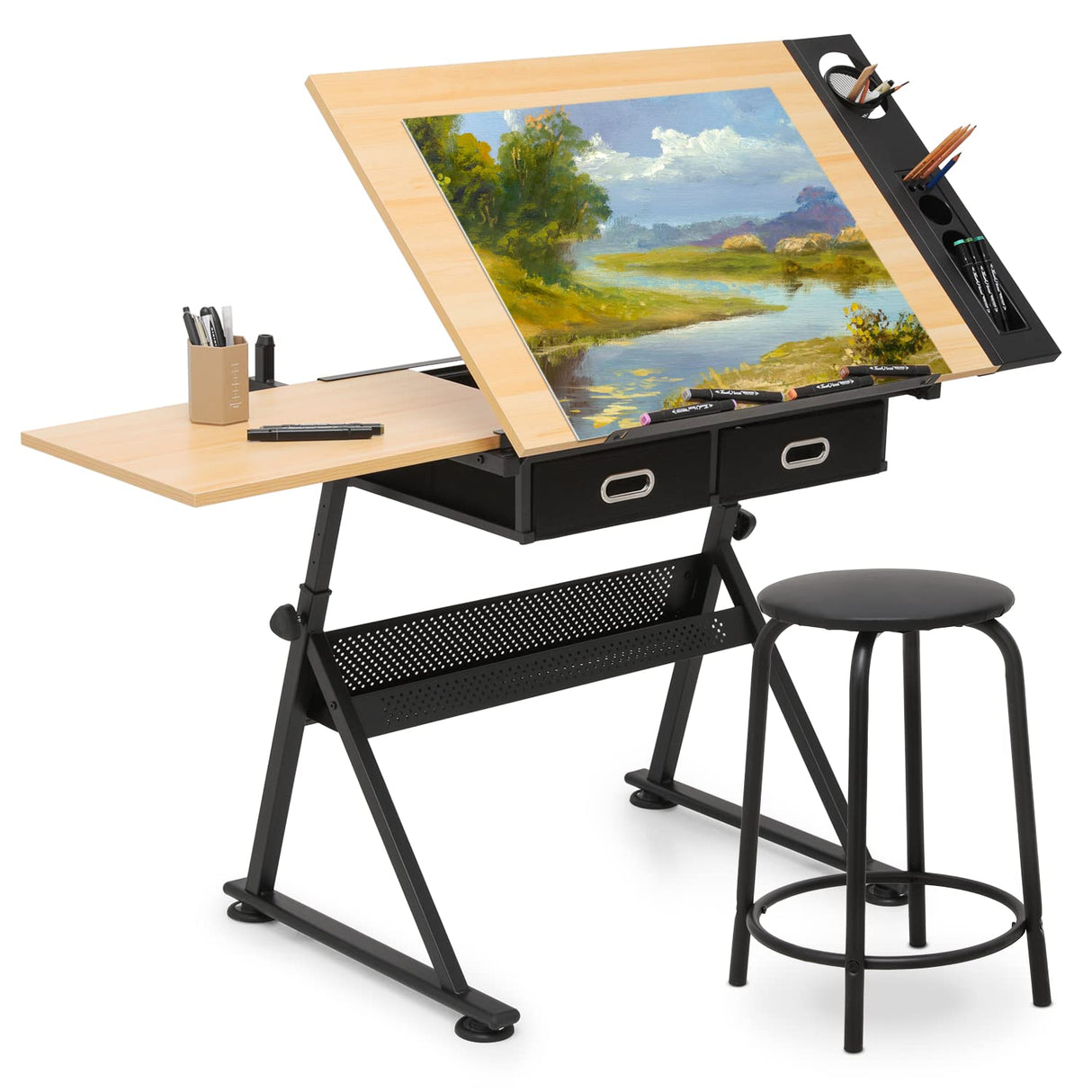 Magshion Drafting Table Set Adjustable Height Artist Desk with Tilting Wooden Tabletop and Sliding Desktop, Multifunctional Art Desk with Stool and 2 Storage Drawers for Home Office School (Natural) Magshion