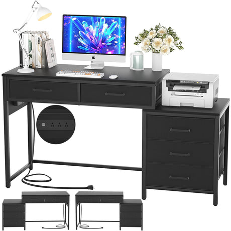 Hyomdeck Computer Desk with 5 Drawer, Reversible Office Desk with Power Outlets and USB Charging Ports, Sturdy Writing Table with File Cabinet and Printer Stand, Laptop Desk for Small Spaces, Black Hyomdeck