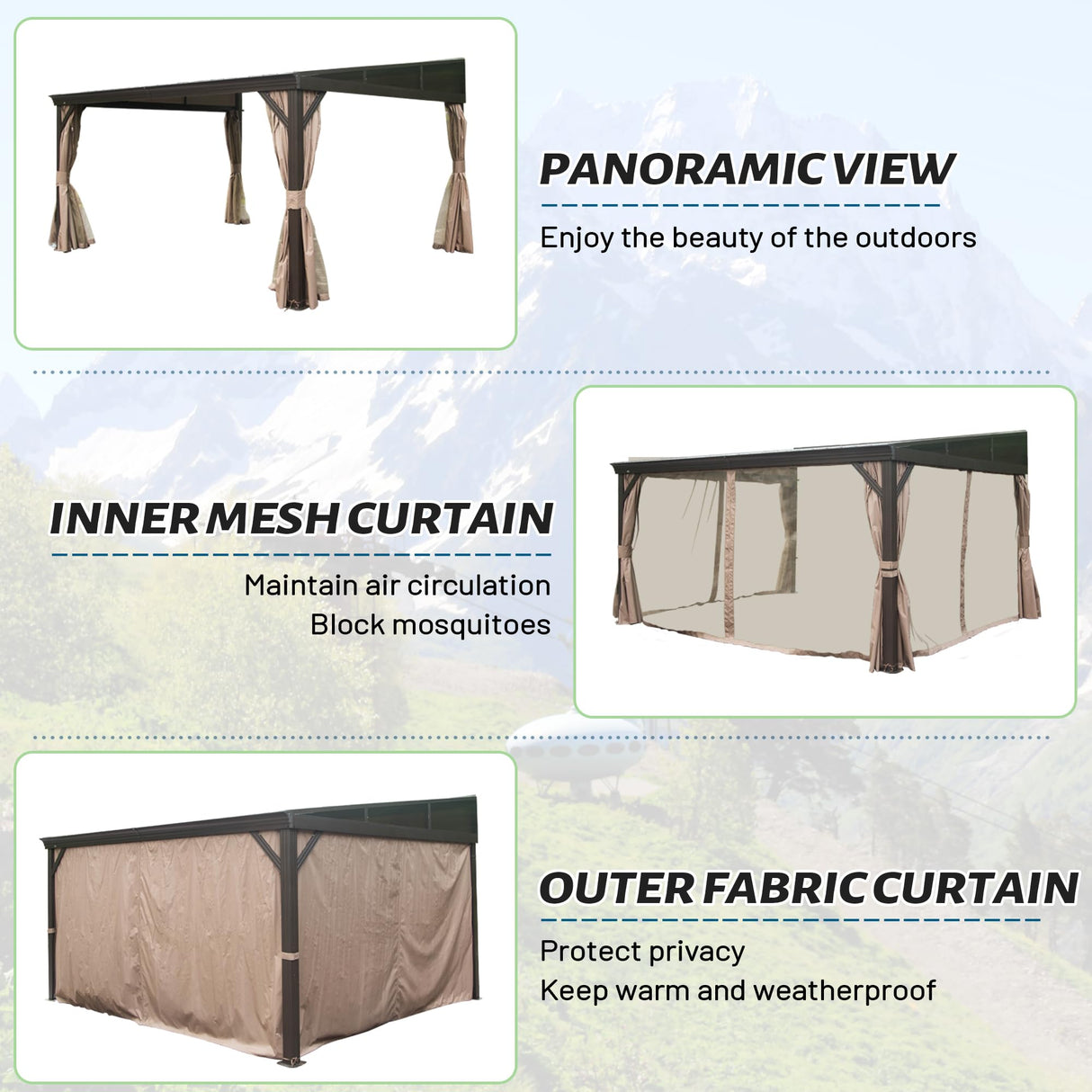 Domi 12x14FT Lean to Gazebo, Aluminum Wall Mounted Gazebo with Sloping Galvanized Steel Roof, Curtains and Netting, Outdoor Hardtop Gazebo Pergola for Patio, Deck, Garden, Backyard domi outdoor living