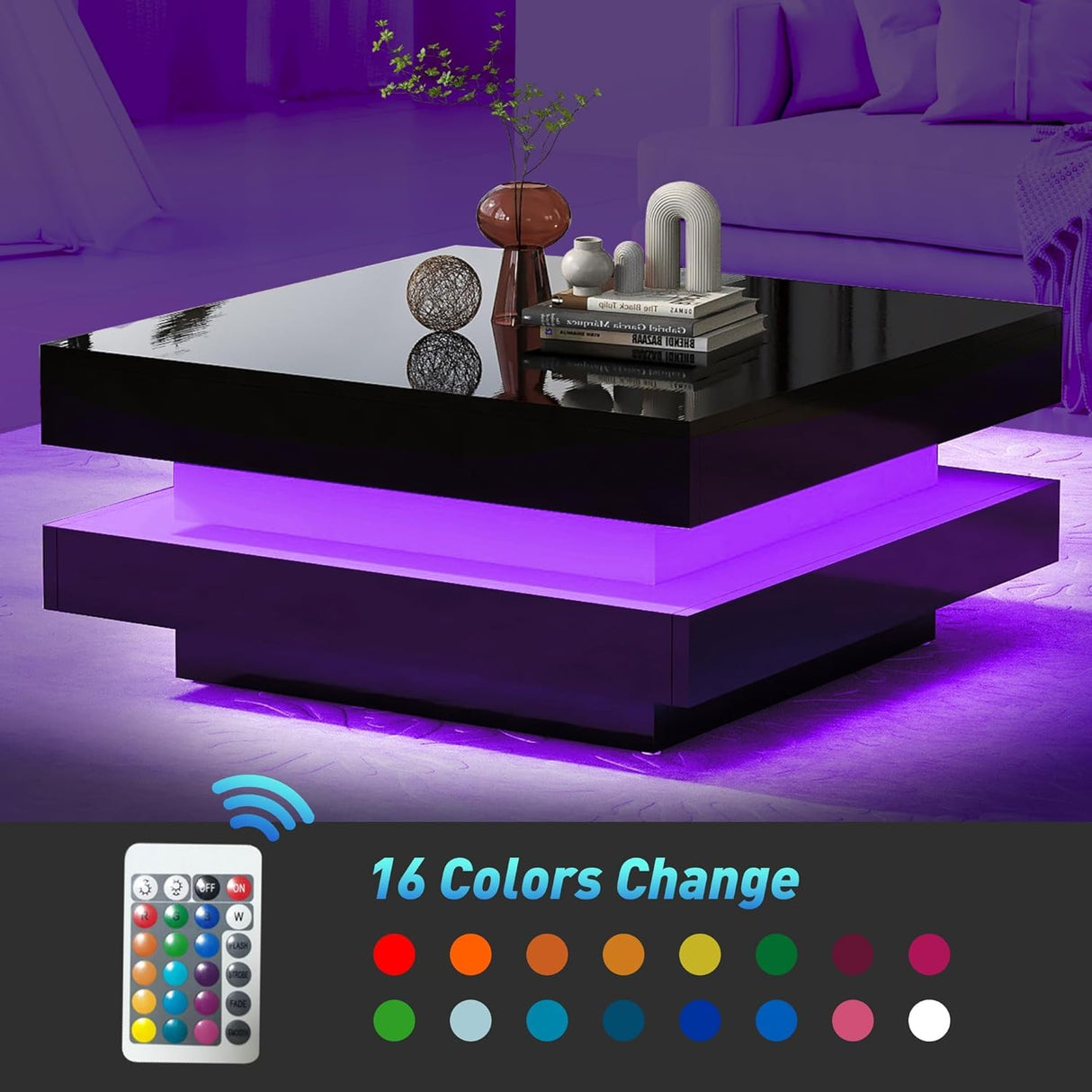 Black LED Coffee Table, 2 Tier Square Coffee Table, High Gloss Coffee Table with 16 Colors LED Lights & Remote Control, Modern Coffee Table for Living Room, Party, Office, Reception realglow