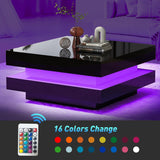 Black LED Coffee Table, 2 Tier Square Coffee Table, High Gloss Coffee Table with 16 Colors LED Lights & Remote Control, Modern Coffee Table for Living Room, Party, Office, Reception realglow