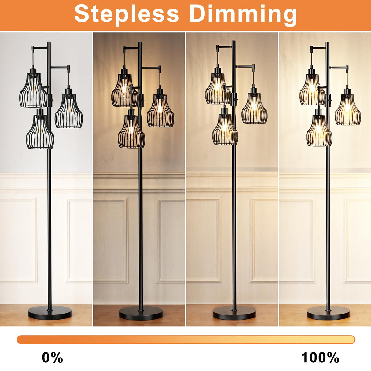 Dimmable Floor Lamp, 3 x 800LM LED Edison Bulbs Included, Farmhouse Industrial Floor Lamp Standing Tree Lamp with Elegant Cage Tall Lamps for Living Room Bedroom Office - Black Ziisee