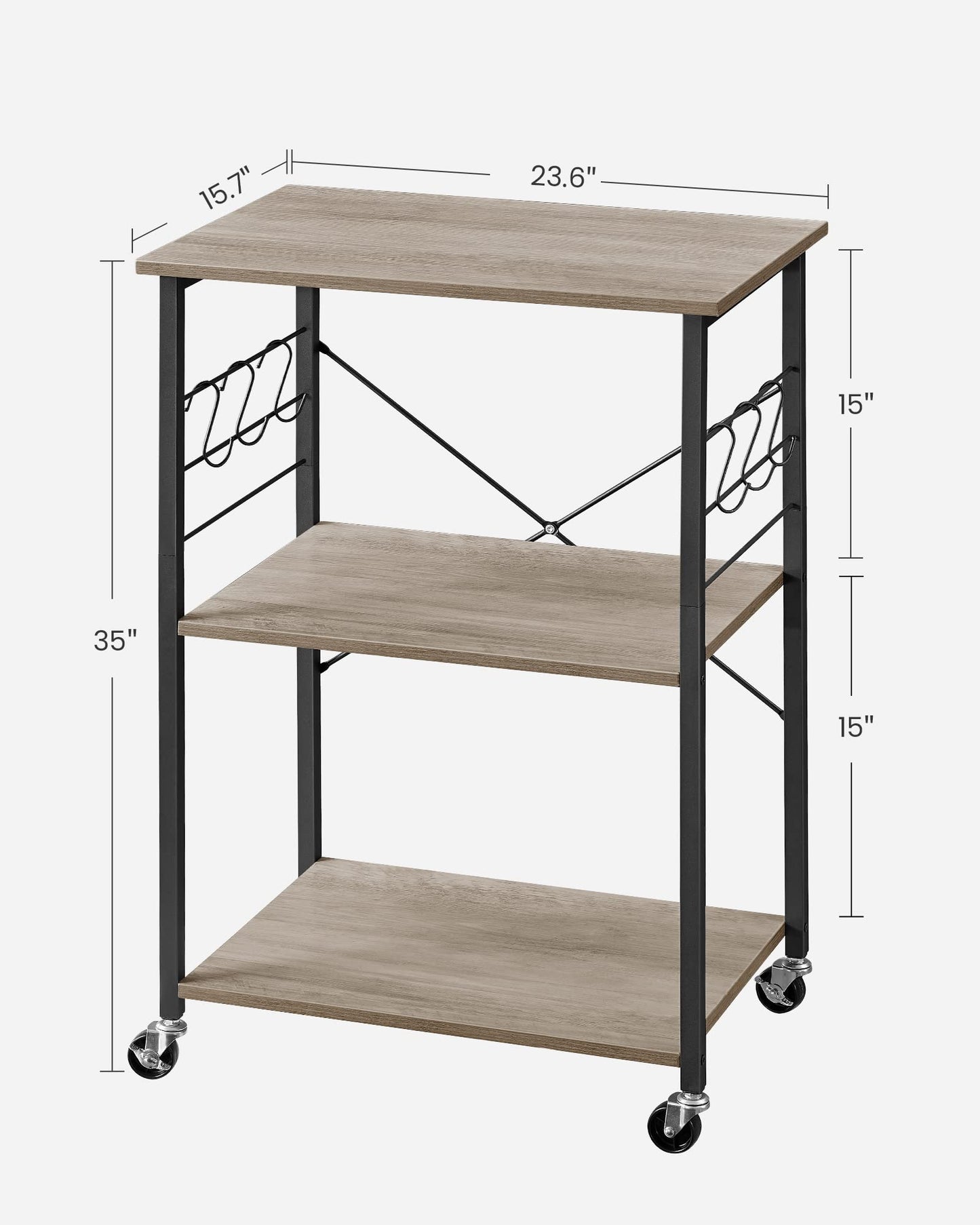 VASAGLE Kitchen Shelf on Wheels, Serving Cart with 3 Shelves, Kitchen Cart, Microwave Shelf, for Mini Oven, Toaster, with 6 Hooks, Industrial Style, Greige and Black UKKS060B02