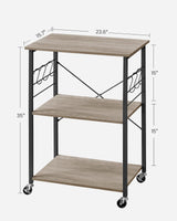 VASAGLE Kitchen Shelf on Wheels, Serving Cart with 3 Shelves, Kitchen Cart, Microwave Shelf, for Mini Oven, Toaster, with 6 Hooks, Industrial Style, Greige and Black UKKS060B02 VASAGLE