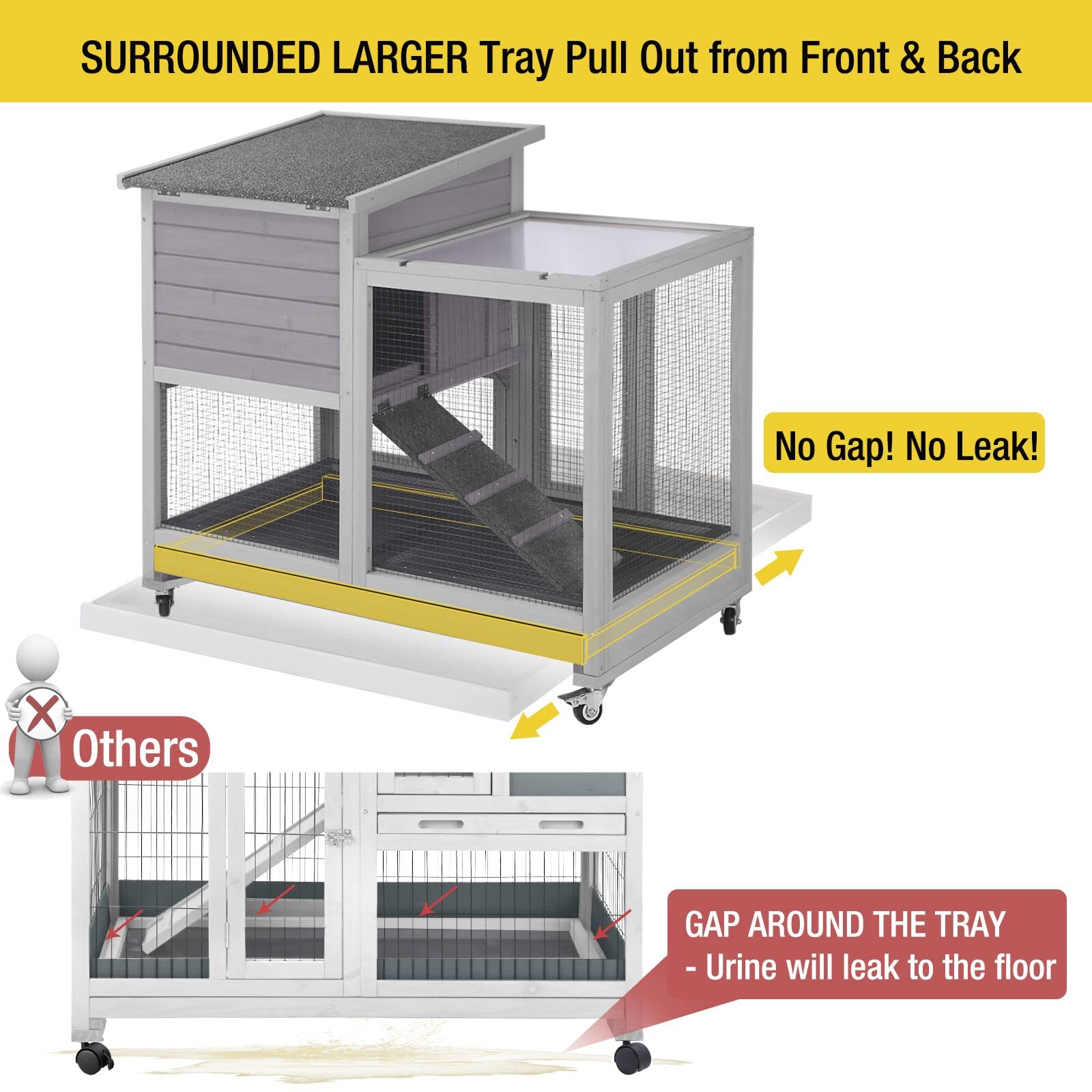 Aivituvin Rabbit Hutch, Indoor Bunny Cage with Run Outdoor Rabbit House with Two Deeper No Leak Trays - 4 Casters Include (Grey) - WoodArtSupply