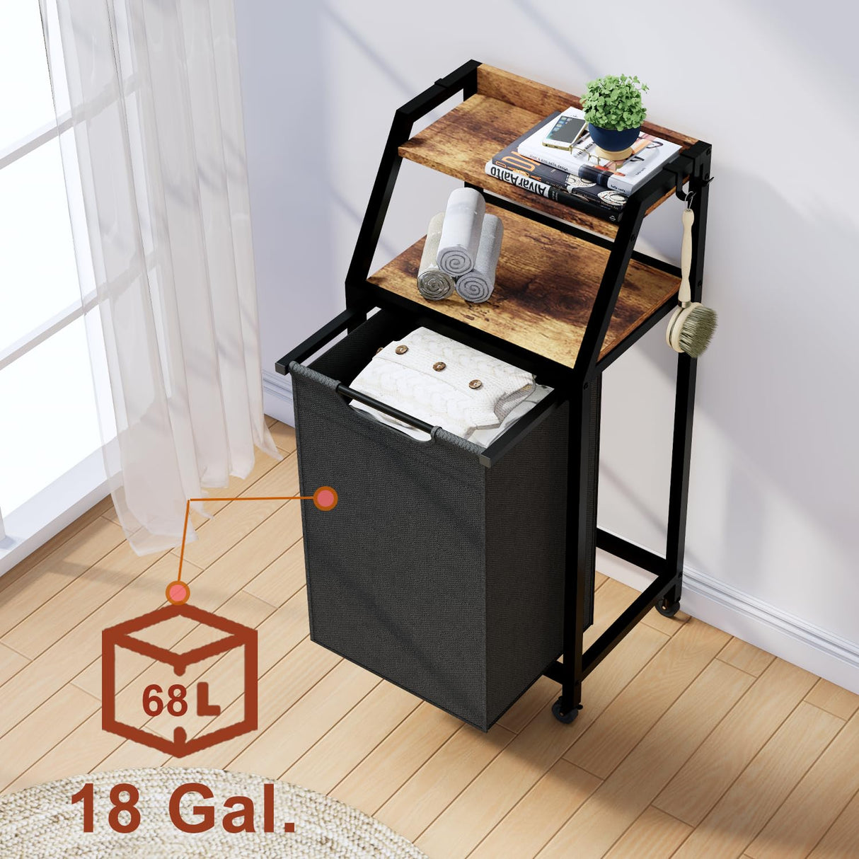 Timberer Laundry Hamper, Laundry Sorter, Rolling Laundry Basket with Wheels, 2 Shelves, 18 Gal(68L), Pull-Out and Removable Oxford Fabric Bags, for Laundry Room, Black and Rustic Brown Timberer