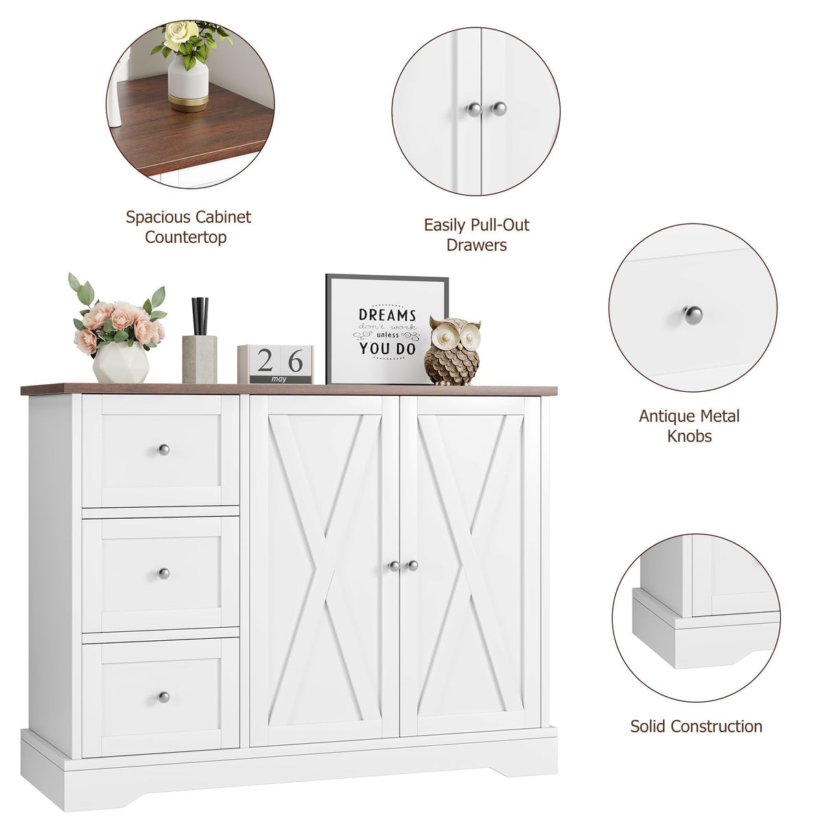 GarveeHome Buffet Cabinet with Storage, Farmhouse Kitchen Cabinet with 3 Drawers and 2 Doors for Kitchen, Dining Living Room, White GarveeHome