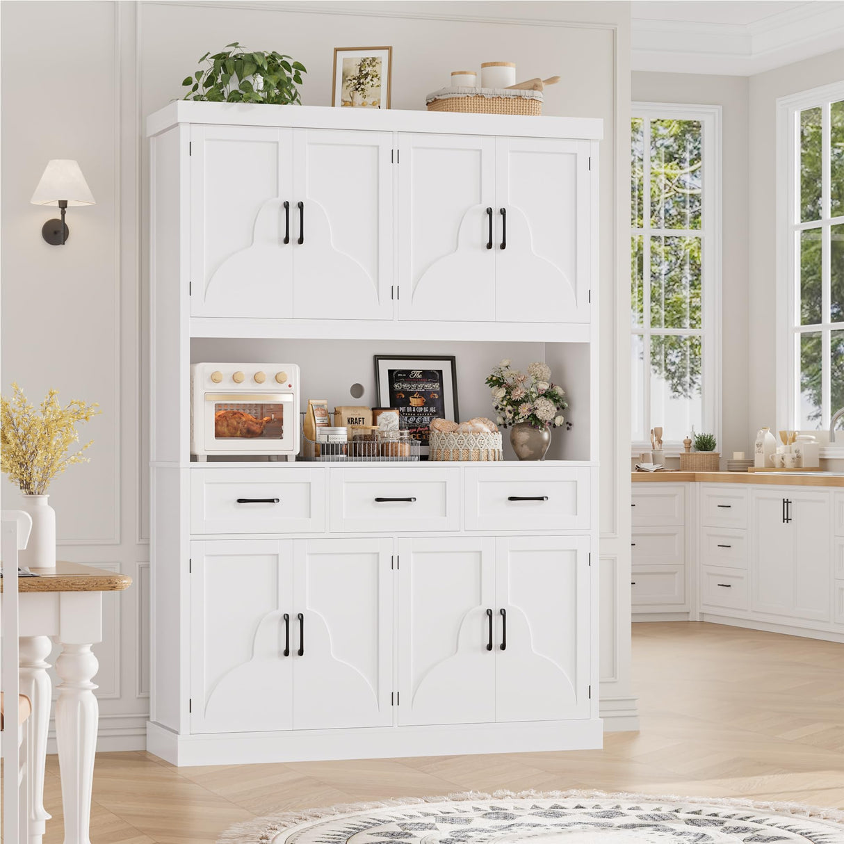 HITHOS 76" Tall Kitchen Pantry Storage Cabinet, 55“ Wide Kitchen Hutch Cabinet with Storage Drawers, Large Food Pantry with Microwave Stand, Modern Cupboard with Hutch for Dining Living Room, White HITHOS