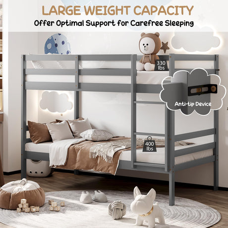 KOMFOTT Wood Bunk Bed Twin Over Twin, Bunk Bed with Ladder & Safety Guardrail, Solid Wood Bed Frame, Ideal for Dormitory & Multiple-Child Family, No Box Spring Needed, Kids Bunk Bed KOMFOTT