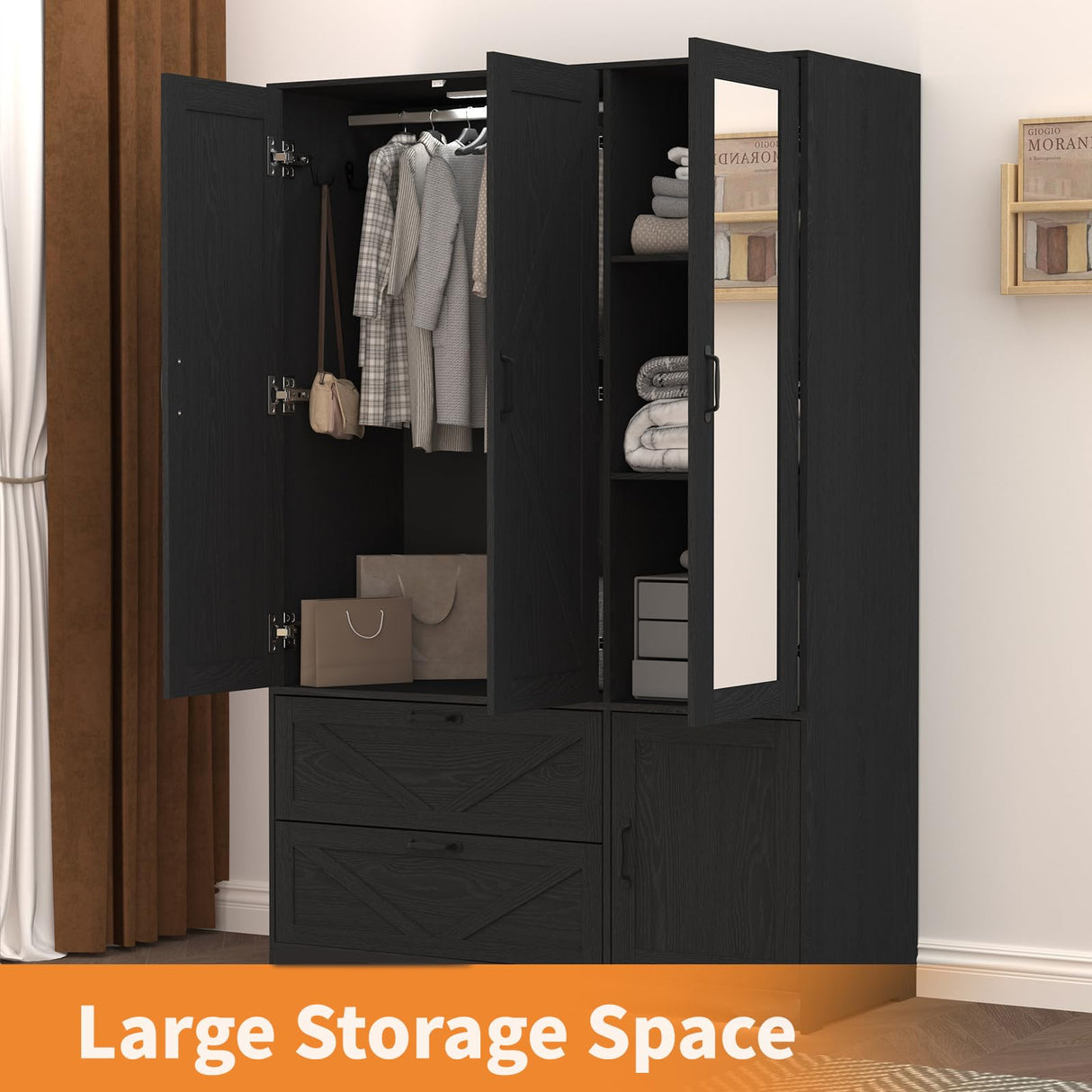 UZUGUL Armoire Wardrobe Closet with Mirror and 2 Drawers, 72''H Bedroom Armoire Wardrobe Cabinet with Hanging Rod and Light,Wooden Bedroom Closet with Adjustable Shelf UZUGUL
