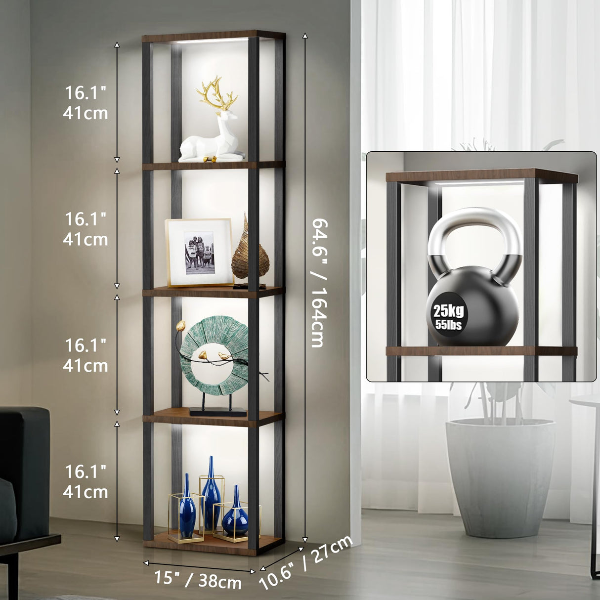 5-Tier Display Shelf with Dimmable Lights, LED Bookshelf for Bedroom, 3 Color Temperature and Brightness Adjustable, 65'' Curio Cabinet Shelf Display Bookcase Floor Lamp with Shelves for Living Room XIIW