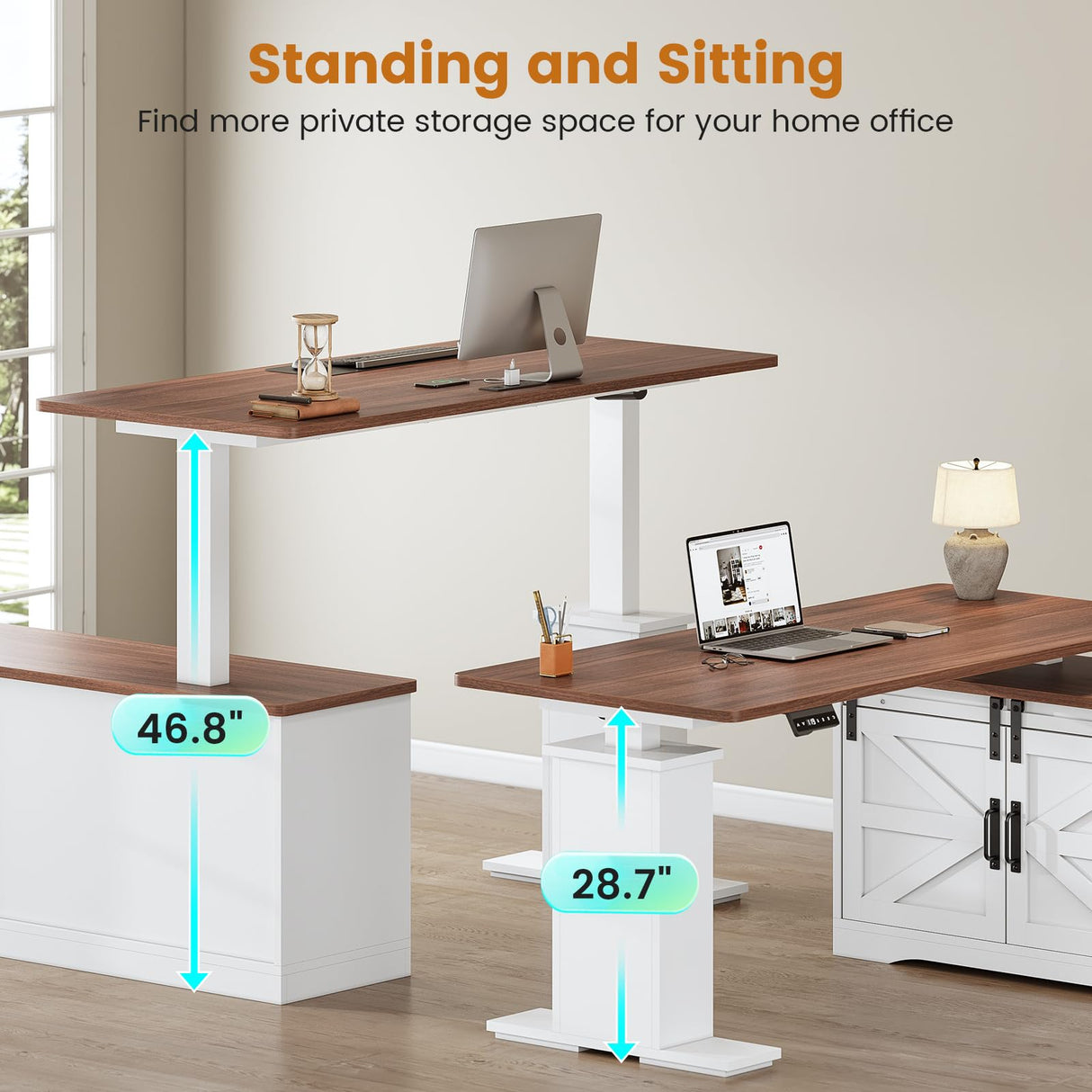 SEDETA Farmhouse L Shaped Standing Desk, 55 inch Height Adjustable Corner Desk with Storage Drawers, Standing Computer Desks with Power Outlets for Home Office, White SEDETA