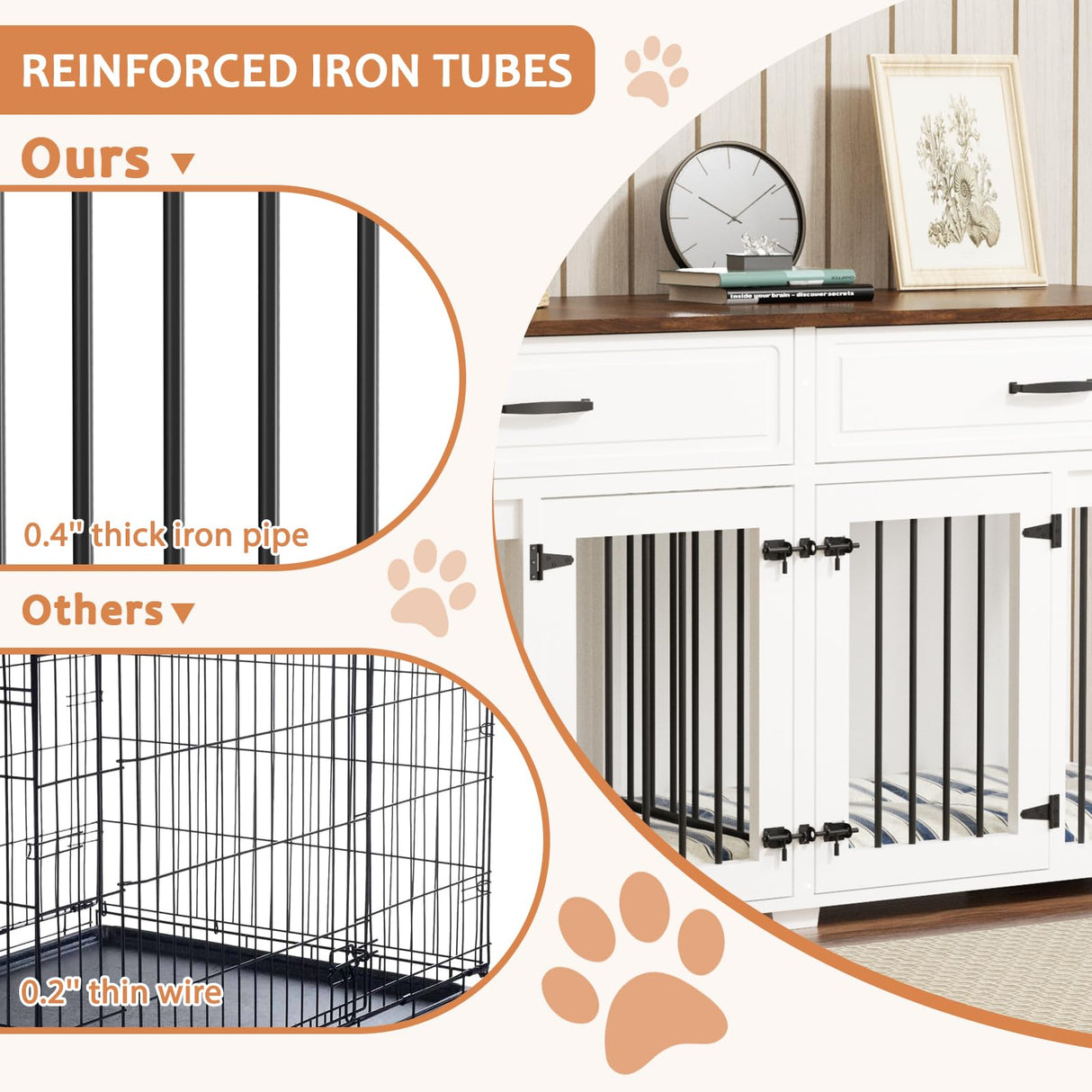 EBE Dog Crate Furniture, 63''Wooden Dog Crate with 2 Drawers and Removable Divider, Dog Kennel Indoor Furniture with Double Rooms, Heavy Duty Dog Crate Table Indoor TV Stand for Small Medium Dogs EBE