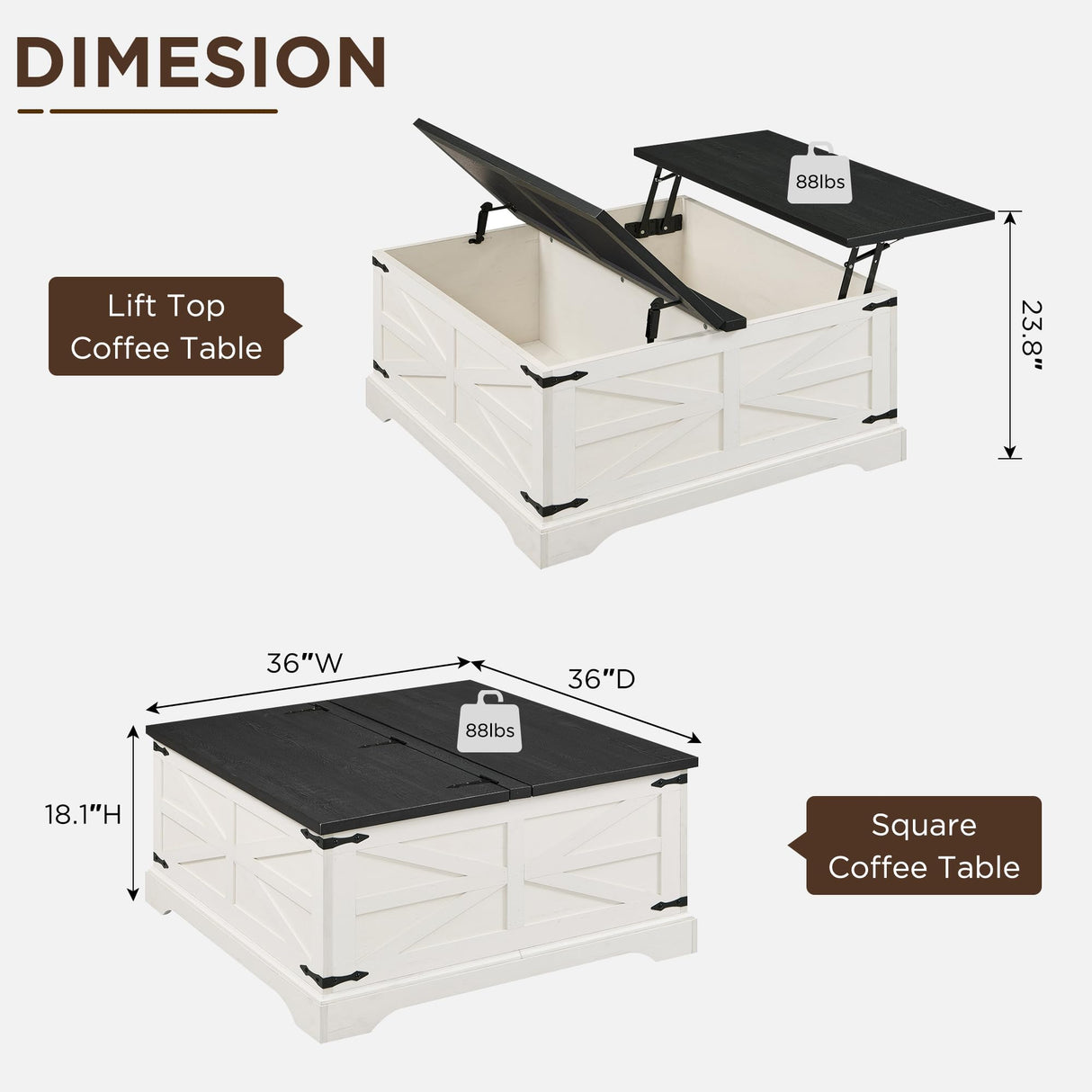 JXQTLINGMU Farmhouse Lift Top Coffee Table with Storage, 36" Wood Square Center Table with Large Hidden Compartment, Rustic Lift Tabletop Dining Table for Home Living Room, White JXQTLINGMU