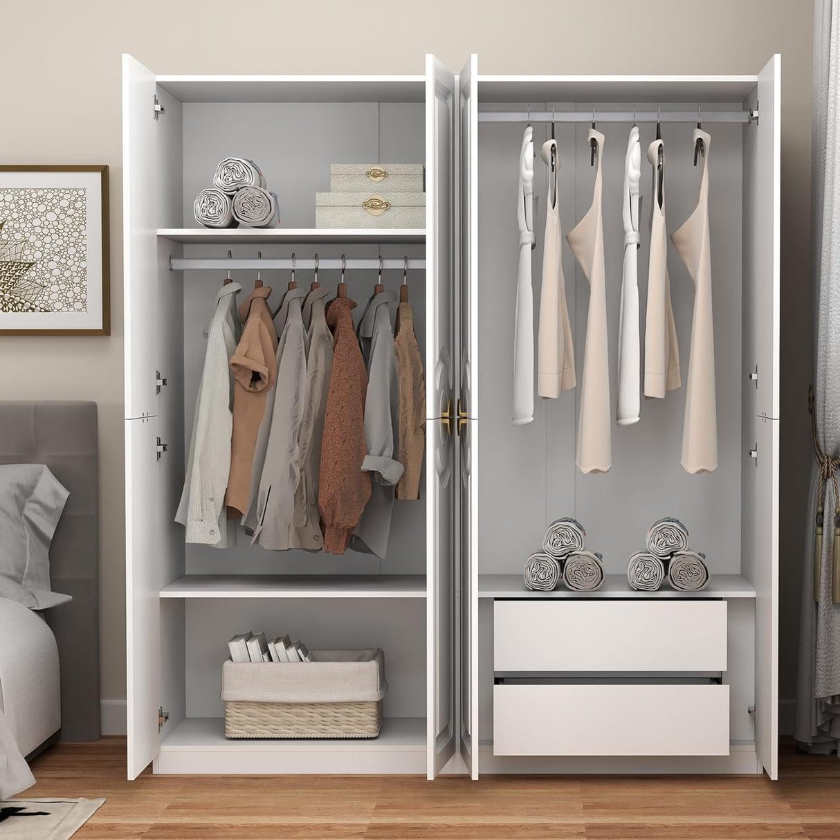 Armoire Wardrobe Closet with 4 Doors, 78" Clothing Storage Cabinet with Hanging Rod Shelf and Drawers, Wooden Freestanding Bedroom Armoires for Bedroom, Living Room, White vinform