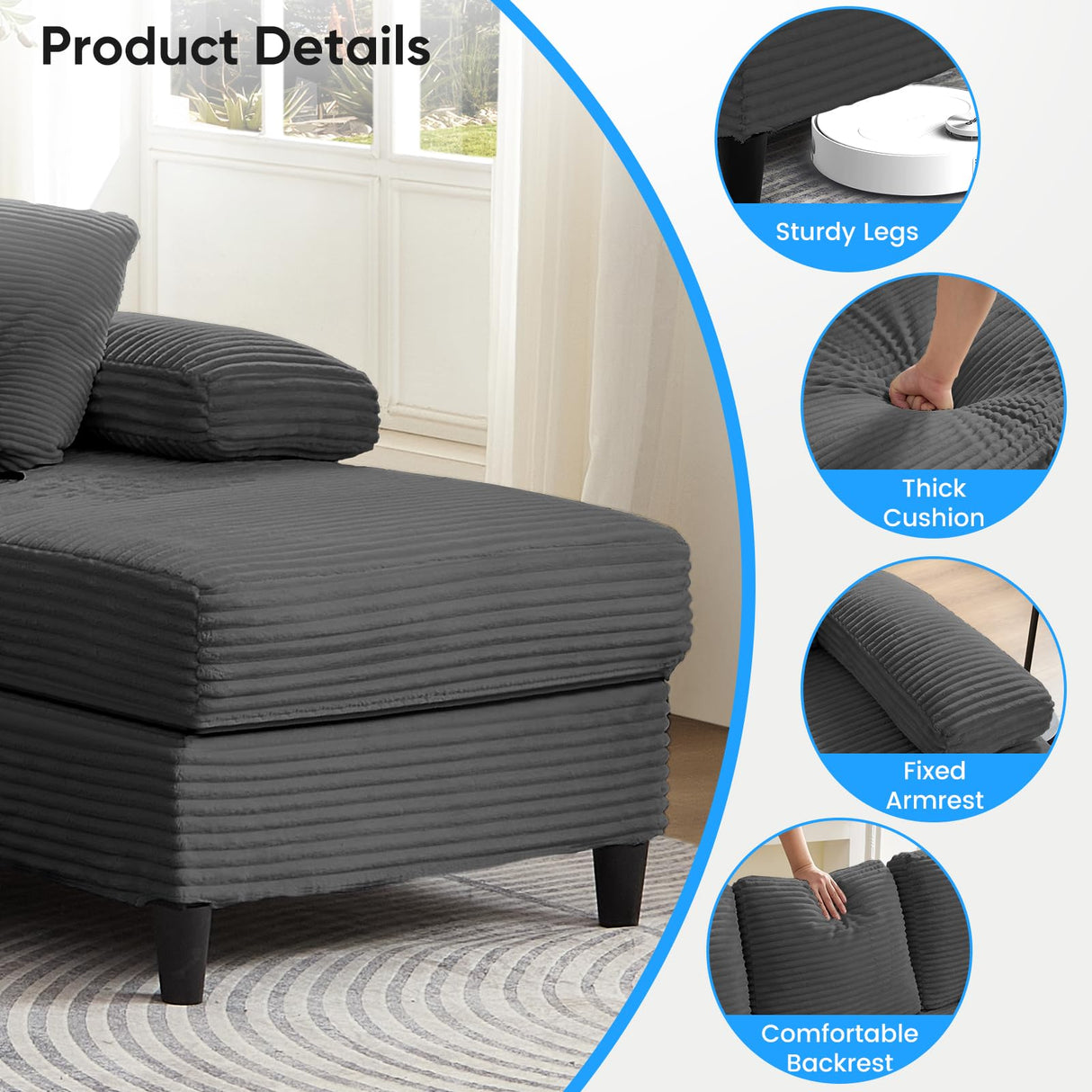 Mjkone 112" Width 4 Seater Sectional Sofa Couches for Living Room, U Shaped Sofa Couch with Double Chaises, Corduroy Living Room Sets Furniture with 2 Extra Pillows for Home Office, Dark Grey Mjkone