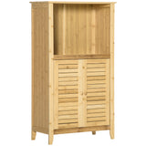 HOMCOM Bamboo Floor Cabinet Bathroom Floor Cabinet Living Room Organizer Tower with Multiple Shelves and Doors, Natural HOMCOM