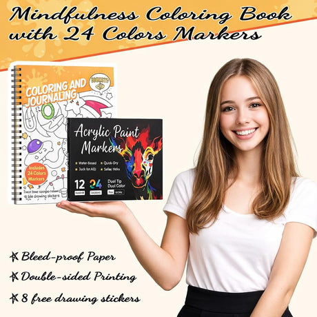 Coloring Book Set with 24-Color Acrylic Markers & Stickers, Ages 14+ Travel Sketch Book, 60 Pages 150gsm Thick Paper (7x8.3in) Spiral Bound Art Supplies Prudiut
