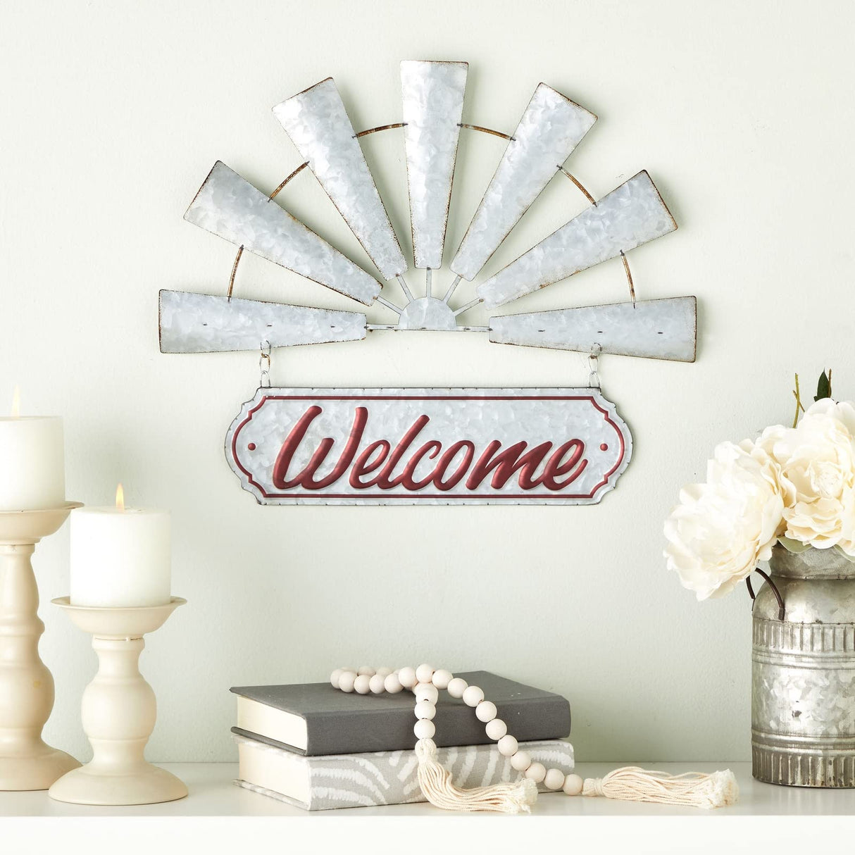 Farmlyn Creek Windmill Welcome Sign - 17 x 15 in White Galvanized Finish - Rustic Farmhouse Wall Decor - Outdoor Metal Windmill Decor - Front Door Welcome Sign Hanging Farmlyn Creek