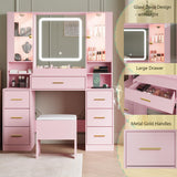 BORNOON Makeup Vanity with LED Light Strip Mirror and Chair, 7 Drawers & 2 RGB Cabinets White Vanity Makeup Desk with Power Strip, Adjustable LED Lighting, and Cushioned Stool for Women, Girls, Teens BORNOON