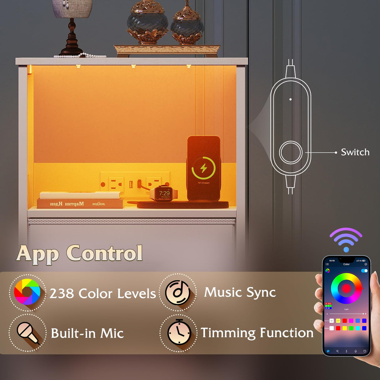 WLIVE White Night Stand with Charging Station, LED Nightstand with Adjustable Fabric Drawer, 3-Tier Storage Bedside Table, Small End Side Tables for Bedroom WLIVE