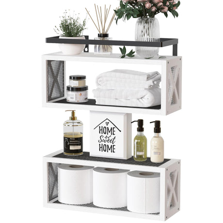 RICHER HOUSE Floating Shelves with Guardrail, Rustic Wood Shelves for Wall Décor, Farmhouse Bathroom Accessories Wall Mounted, Bathroom Wall Organizer over Toilet Storage, Kitchen, Living Room - White RICHER HOUSE