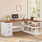 SEDETA L Shaped Desk, Farmhouse Desk with Drawers and Storage Shelves, Executive Home Office Desk with Power Outlet, File Cabinet Storage, Wood Corner Computer Desk, White SEDETA