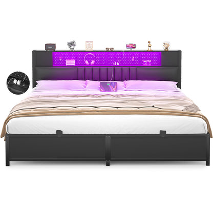 Unikito Black King Size Bed Frame with LED Light, Power Outlet, Upholstered Headboard, and Storage Solutions - WoodArtSupply