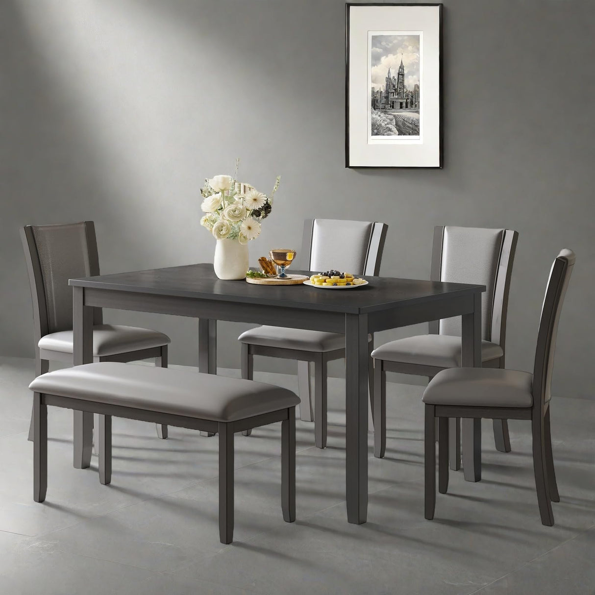 Trygoal Dining Table Set for 6, Farmhouse 6 Piece Dining Room Table Set with Rectangular Table, 4 Upholstered Backrest Chairs and Bench, Counter Height Kitchen Sets with Warm Woodgrain Finish, Gray Trygoal