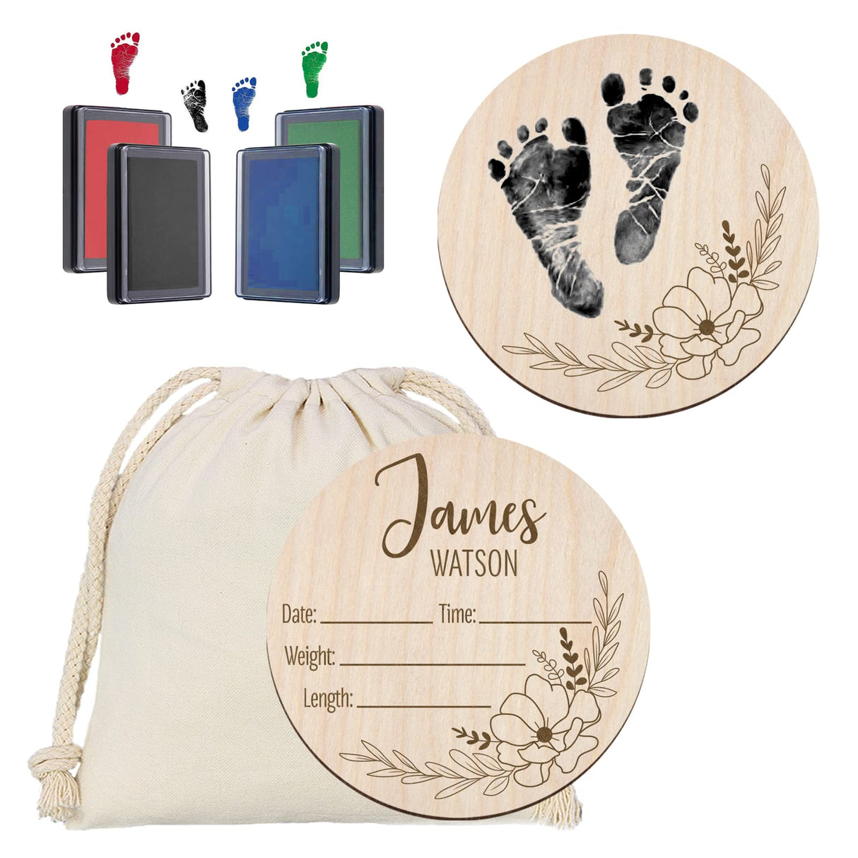 Mayyi Newborn Birth Announcement Sign,Personalized Newborn Handprint and Footprint Sign,Custom Engraved Wooden Baby Name Sign,Newborn Photo Props, Mayyi