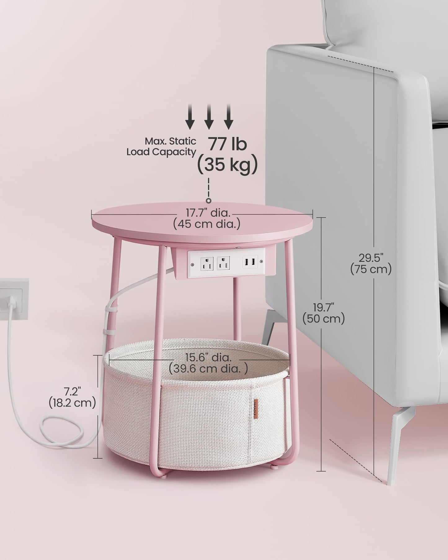 VASAGLE Side Table with Charging Station, Round End Table With Fabric Basket, Nightstand with Power Outlets USB Ports, for Living Room, Bedroom, Modern, Jelly Pink and Cream White ULET228R01