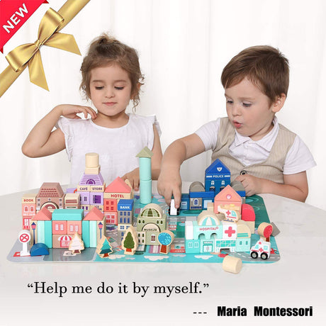 Wooden Building Blocks Set, City Construction Stacker Stacking Preschool Learning Educational Toys, Toddler Toys for 3+ Year Old Boy and Girl Gifts Migargle