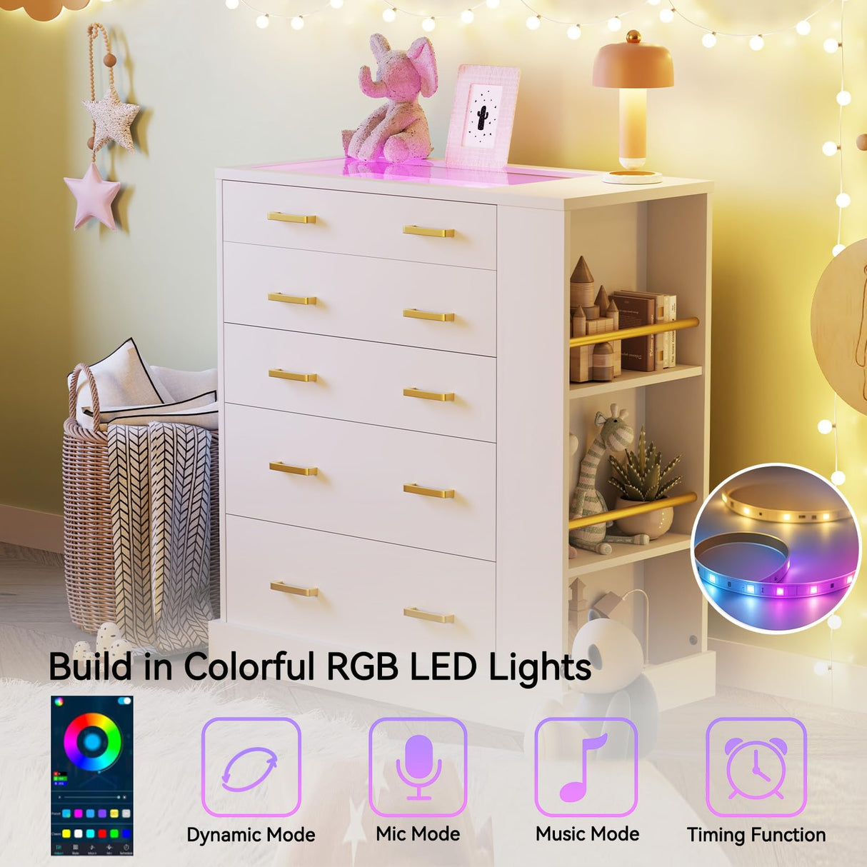 JanflyHome Closet Island with Open Shelves, Modern Glass Top Dresser with LED Lights, Tall Chest of Drawers with Jewelry Organizer for Bedroom,Living Room, Bedroom, Hallway, Entryway, White JanflyHome