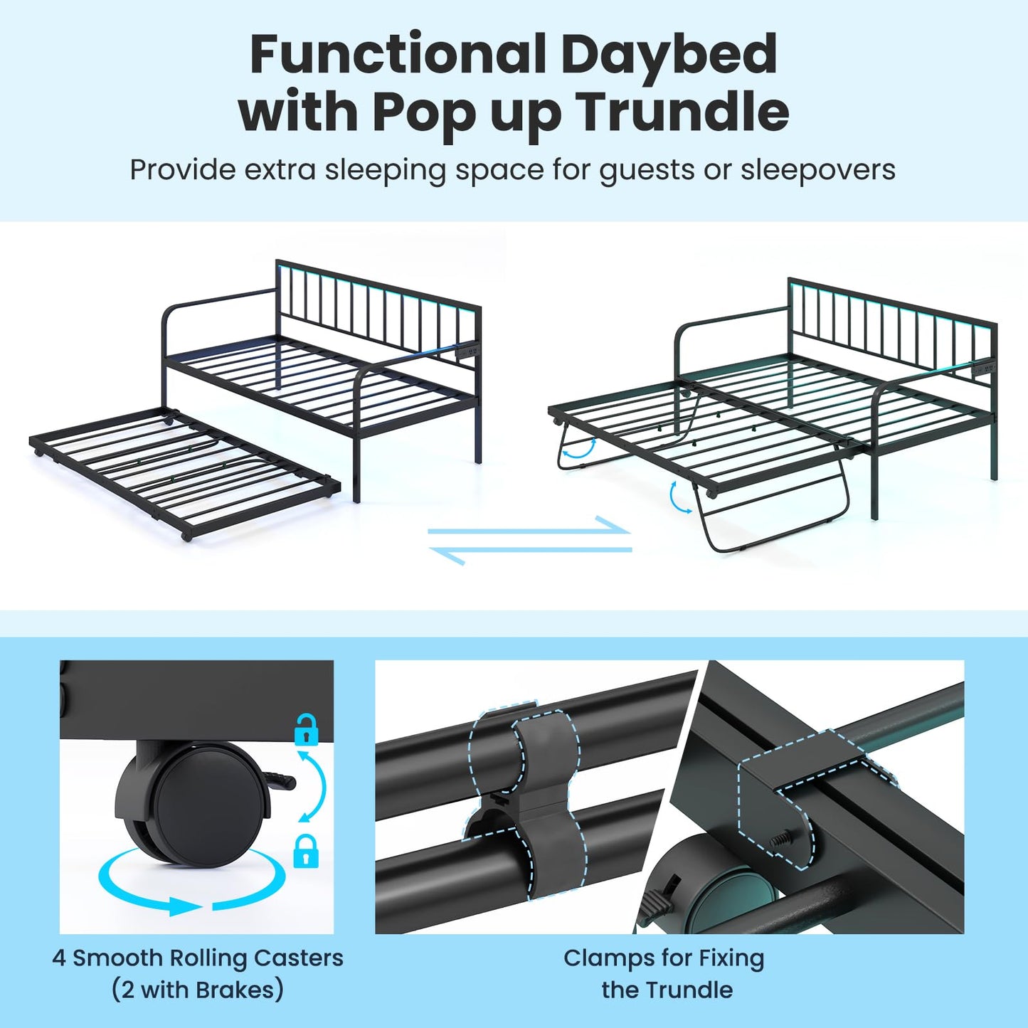 Giantex Black Twin Daybed with Pop-Up Trundle, Charging Station & LED Lights - WoodArtSupply