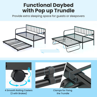 Giantex Black Twin Daybed with Pop-Up Trundle, Charging Station & LED Lights - WoodArtSupply