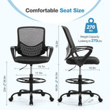 JHK Drafting Home Office Tall Computer Standing Desk Task Chair with Adjustable Foot Ring and Armrest, Breathable Mesh, Ergonomic Lumbar Support, 360° Swivel Rolling for Adult, Black JHK