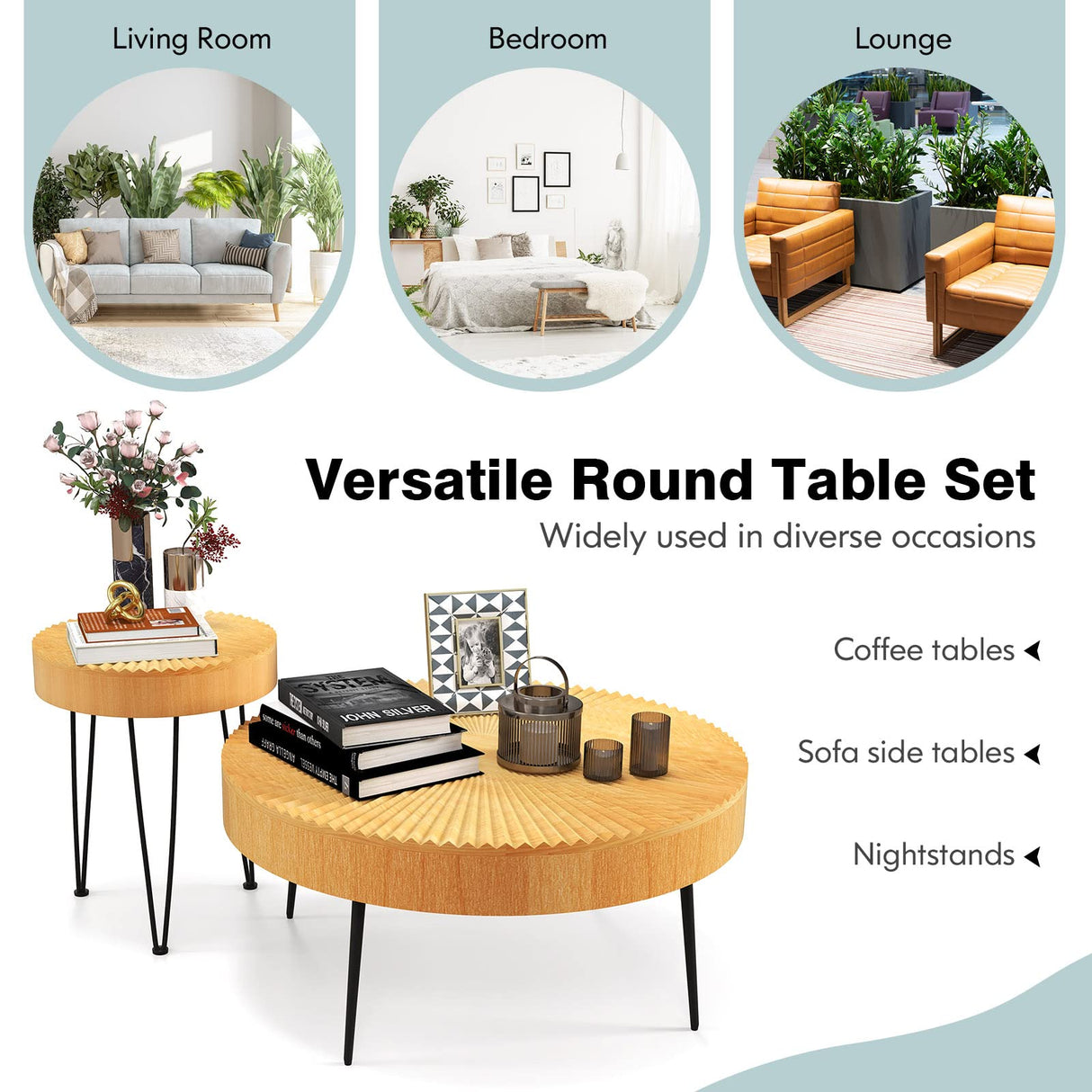 GOFLAME Round Coffee Table Set of 2, Modern Farmhouse End Tables with Natural Finish, Aesthetic Line Design, Solid Wood Nesting Side Tables for Living Room, Bedroom, Easy Assembly GOFLAME