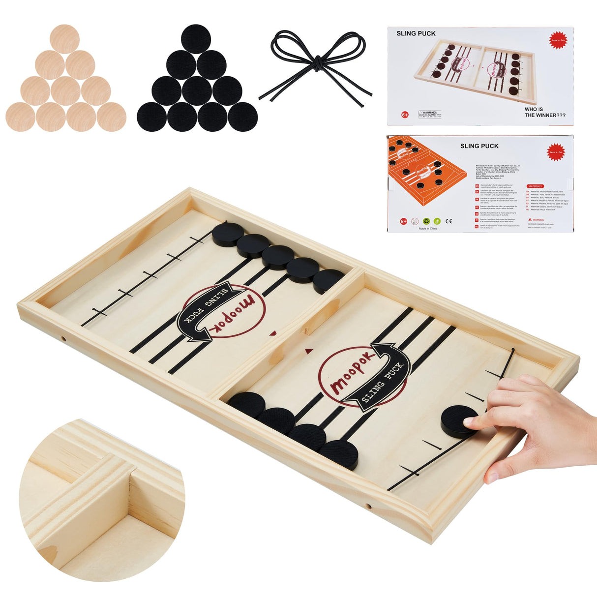 moopok Fast Sling Puck Game,Wooden Hockey Game.Desktop Battle 2in1 Super table Winner game,Adults and Kids Family Friend Funny Slingshot Game toys.Foosball Winner Board Game(Large) moopok