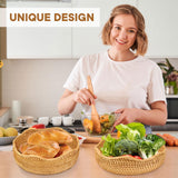 3 Pack Natural Rattan Round Fruit Basket Bowls,Rattan Bread Basket,Woven Serving Basket Bowls,Organizing Handmade Rattan Storage Baskets for Kitchen, Home, set of 3 Size JINSHIYANG